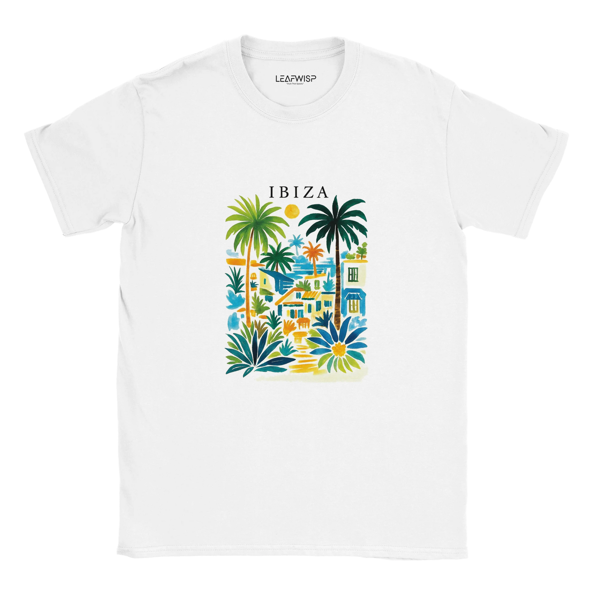 IBIZA Sun Vibes T-shirt Leafwisp - design été Ibiza évasion, coupe unisexe