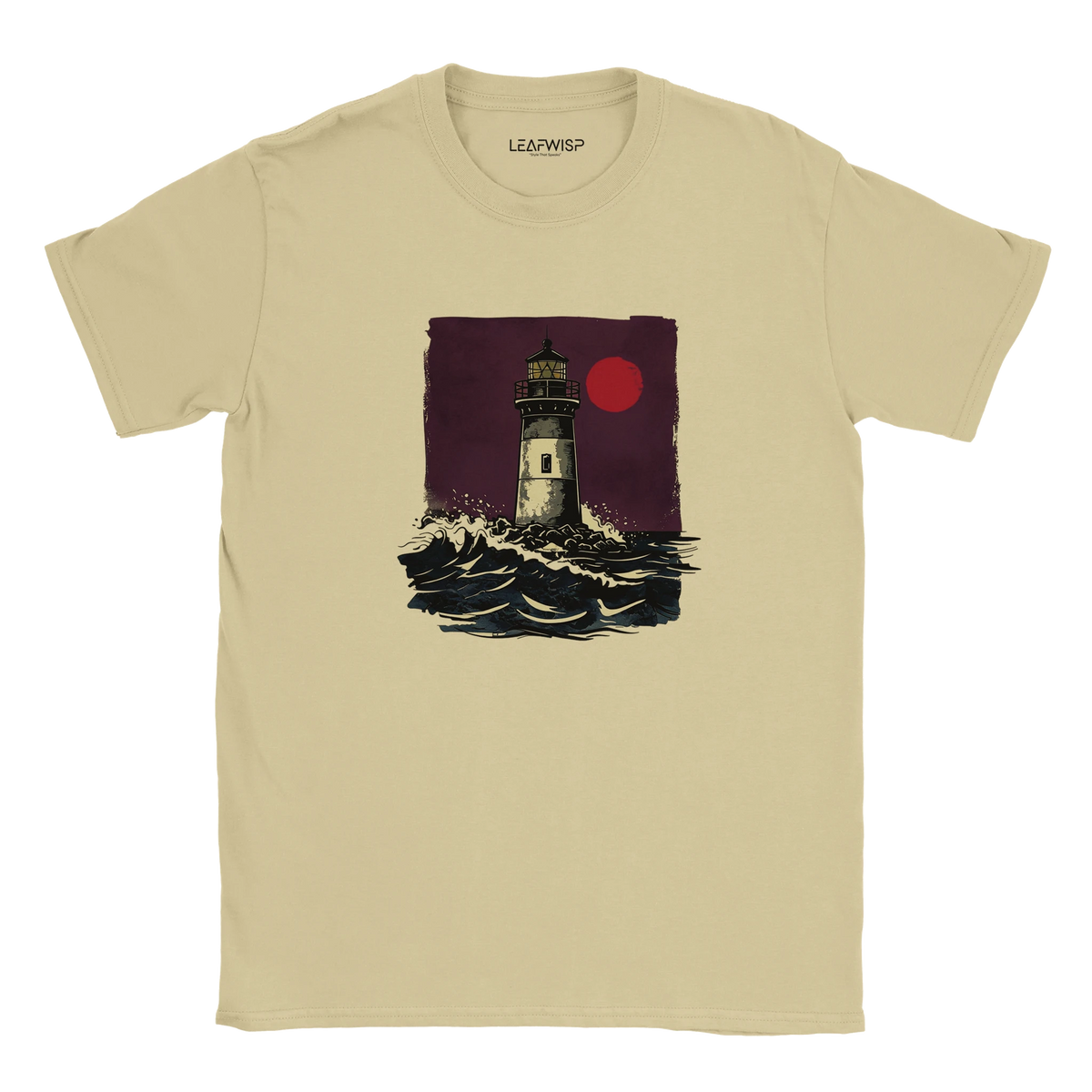 T-shirt Midnight Beacon Leafwisp - illustration ocean nuit phare, vue 1
